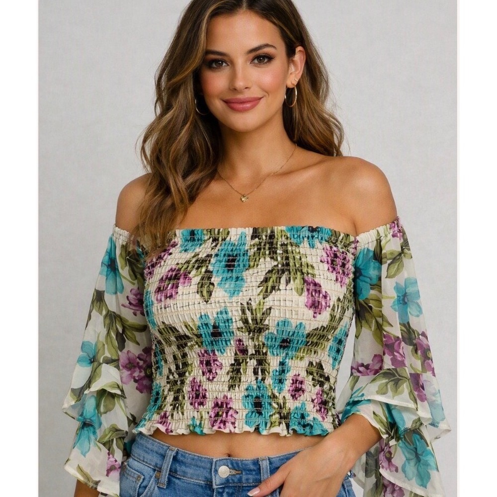 Peach Love Off Shoulder Crop Top bell Sleeved, boho, cottage core.#119